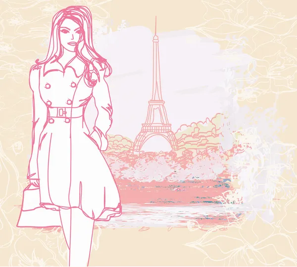 在巴黎购物的漂亮女人-病媒卡 — 图库矢量图片