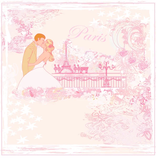 パリのエッフェル タワーのレトロな車の近くにキスでロマンチックなカップル — ストックベクタ