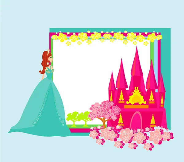 Beautiful young princess in front of her castle - abstract frame — Stock Vector