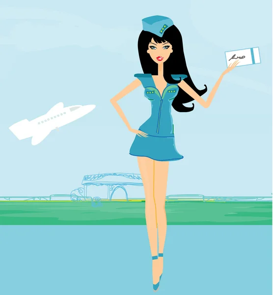 Beautiful stewardess with ticket — Stock Vector