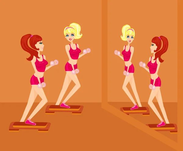 Flickor som tränar med två hantelvikter — Stock vektor