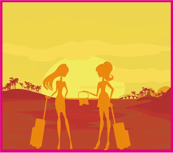 Beauté Voyage filles avec bagages — Image vectorielle