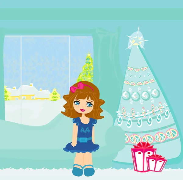 Vector cartoon girl and christmas tree with gifts — Stock Vector