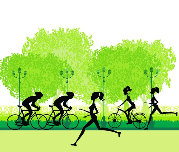 Maraton koşucusu ve bisikletçi yarışının silueti — Stok Vektör