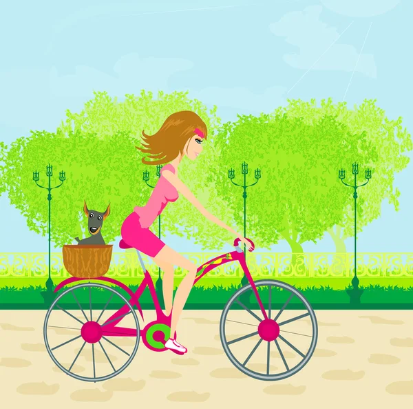 Bicicleta de conducción feliz con linda chica — Vector de stock
