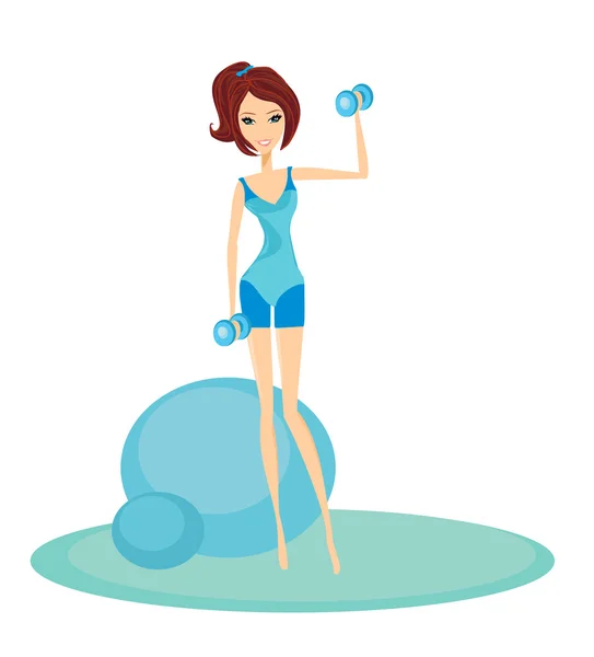 Fit brunette woman exercising with two dumbbell weights on her h — Stock Vector