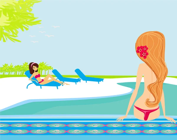 Vector image of girls and tropical pool — Stock Vector