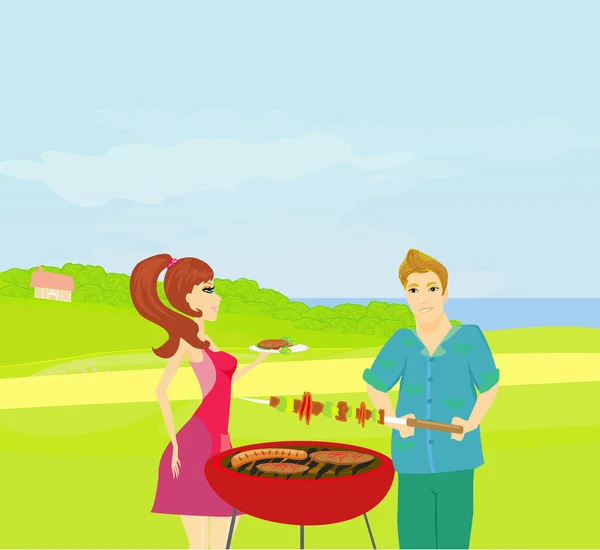 烧烤派对-厨师和女孩 — 图库矢量图片