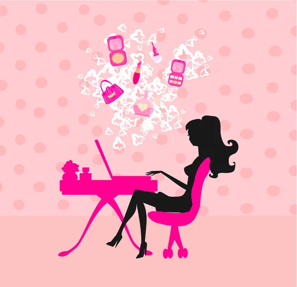 オンラインショッピング-若い笑顔の女性がノートパソコンで座っている — ストックベクタ