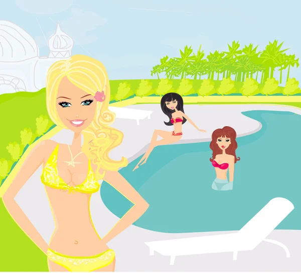 Imagem vetorial de meninas e piscina tropical — Vetor de Stock