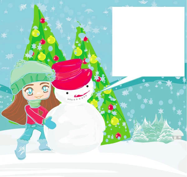 Kleines Mädchen und Schneemannkarte — Stockvektor