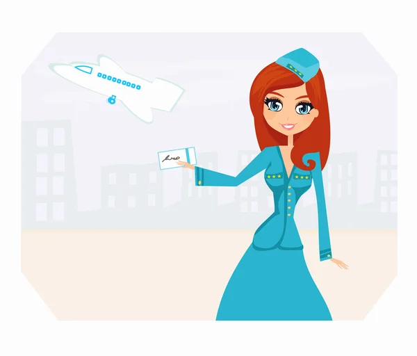 Beautiful stewardess with ticket — Stock Vector