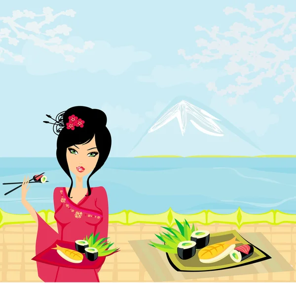 Gyönyörű ázsiai lány élvezni sushi - menü sablon — Stock Vector