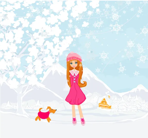 Zimní dívka a její pes — Stockový vektor