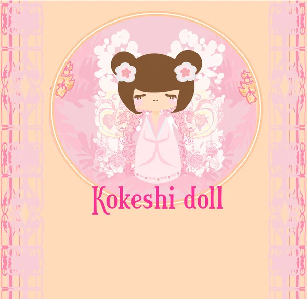 Bambola Kokeshi sullo sfondo rosa con ornamento floreale — Vettoriale Stock