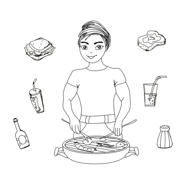 Cartoni animati Maschio vestito in abbigliamento grigliate cottura carne.Barbecue i — Vettoriale Stock