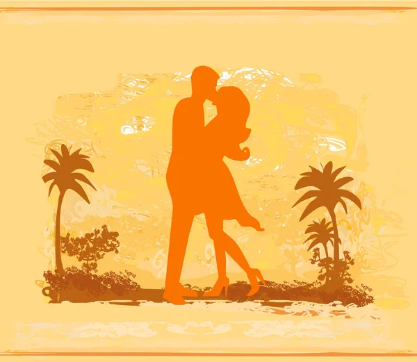 在热带海滩亲吻的轮廓夫妇 — 图库矢量图片