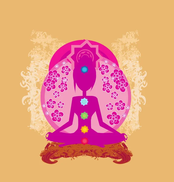 Yoga lotus poserar. Padmasana med färgade chakra poäng. — Stock vektor