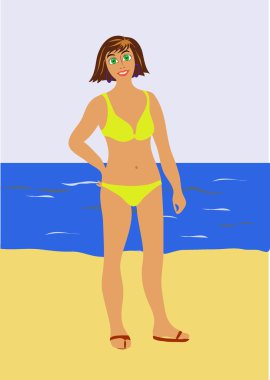 Sarı mayo bir plajda kız