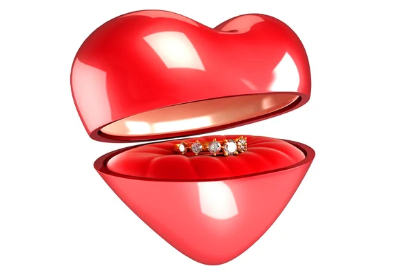 Złoty pierścionek w pudełko serce — Zdjęcie stockowe