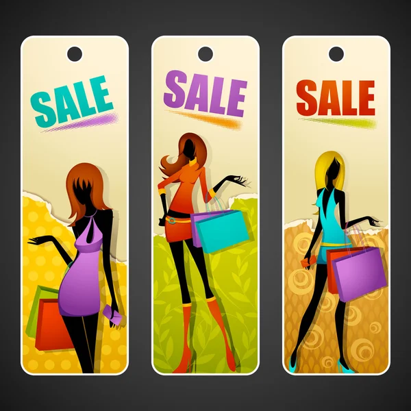 Bevásárló táska tag eladó hölgy — Stock Vector
