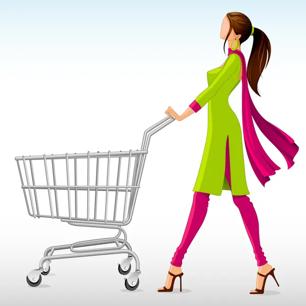 Lady in Salwar Suit with Shopping Cart — Stock Vector