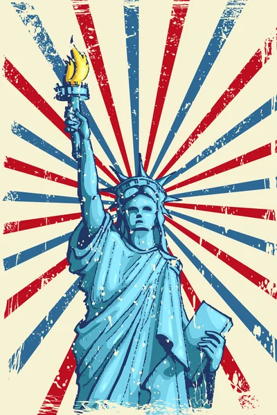アメリカの国旗を背景に自由の女神像 — ストックベクタ