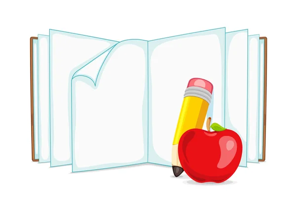 Ανοίξτε το βιβλίο με μήλο και μολύβι — Διανυσματικό Αρχείο