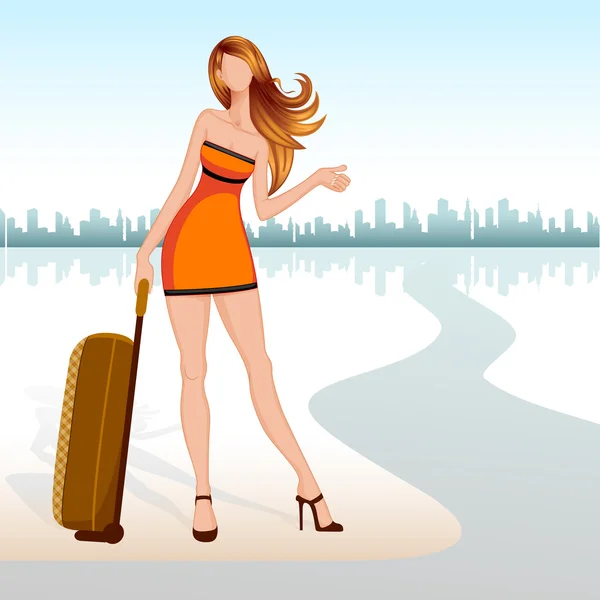 Bayan ile seyahat çantası — Stok Vektör