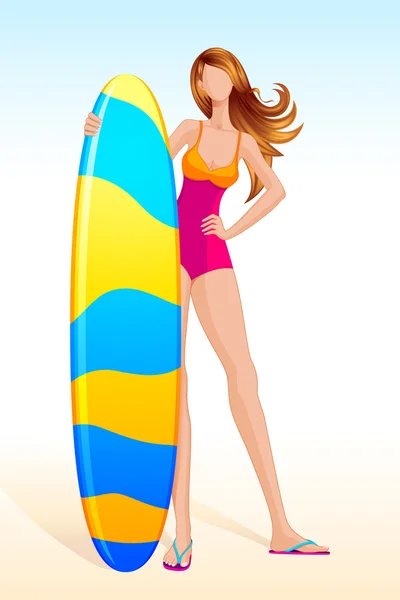 Senhora com prancha de surf — Vetor de Stock