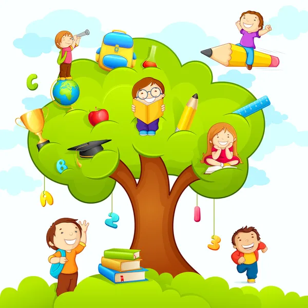 Niños estudiando en Tree — Vector de stock