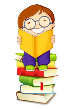 Boy Reading on Pile of Books clipart