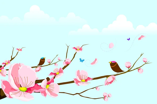 春のツリー上の鳥 — ストックベクタ
