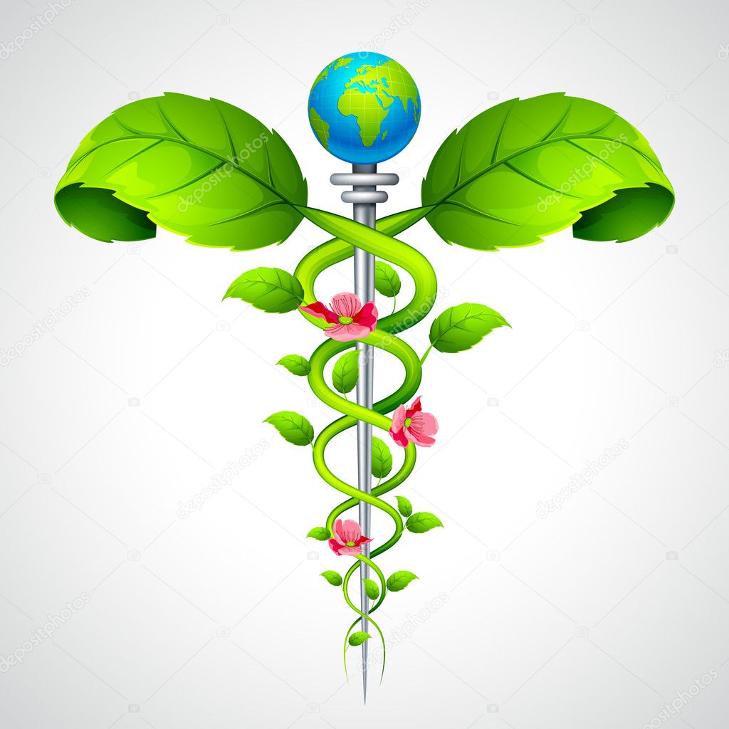 Caduceus sign with Leaf and Flowers