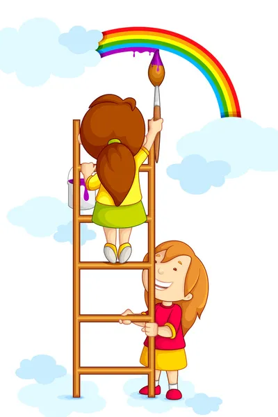 Niños pintando arco iris — Vector de stock