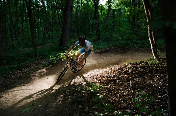 Man bikes in the forest — Stock Photo, Image