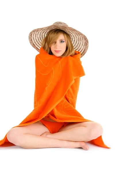 橙色比基尼的年轻女人 — 图库照片