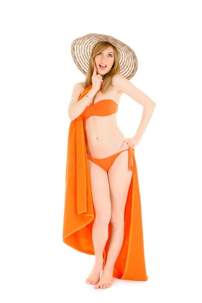 Mujer joven en bikini naranja — Foto de Stock