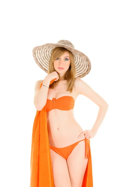 Молодая женщина в оранжевом бикини — стоковое фото