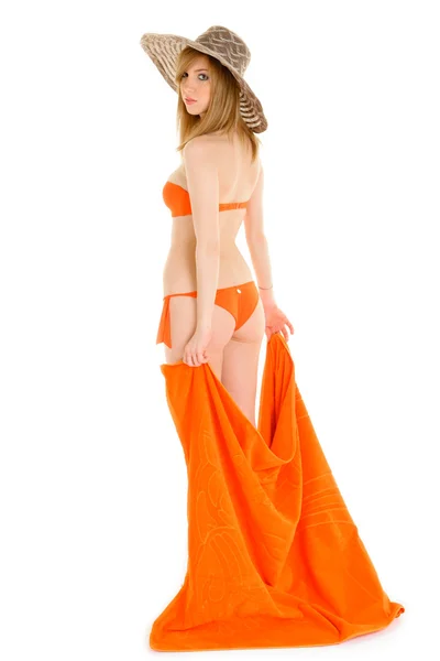 Mujer joven en bikini naranja — Foto de Stock