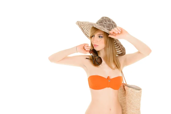 Jeune femme en bikini orange — Photo