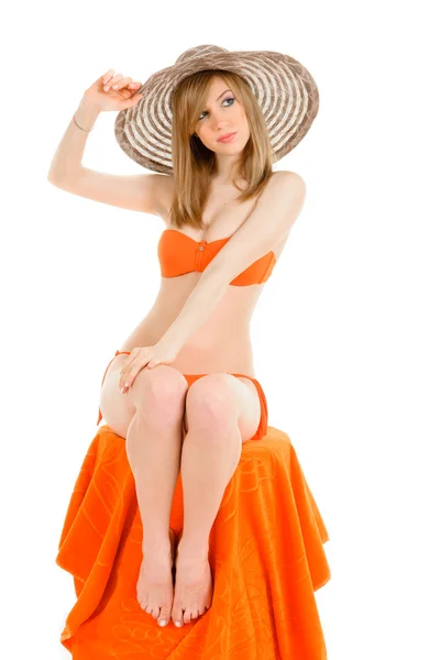 Genç kadın turuncu bikini — Stok fotoğraf