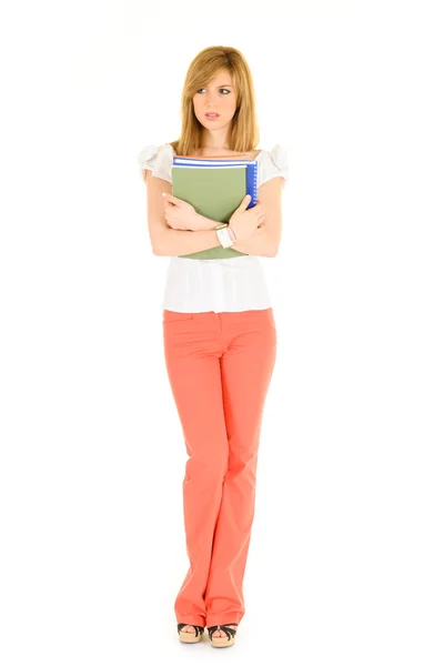 Junge Studentin weißes Hemd mit Büchern und verschiedenen Ausdrücken — Stockfoto