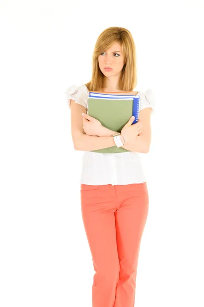 Junge Studentin weißes Hemd mit Büchern und verschiedenen Ausdrücken — Stockfoto