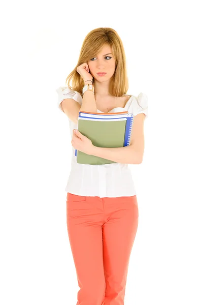 Jonge student witte shirt met boeken en verschillende uitdrukkingen — Stockfoto