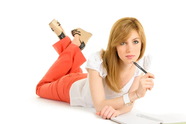 Young student white shirt and red trousers — Stock Photo, Image