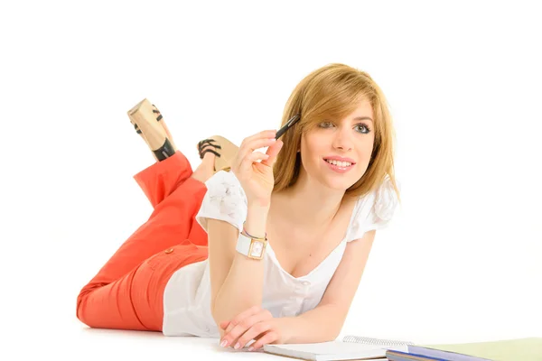 Young student white shirt and red trousers — Stock Photo, Image
