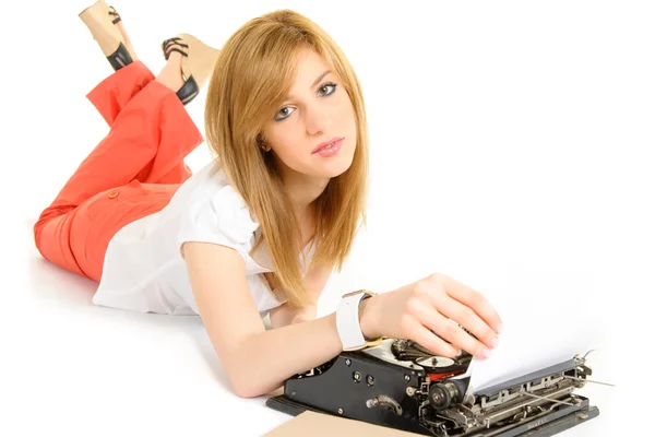 Jonge student met greep typemachine — Stockfoto