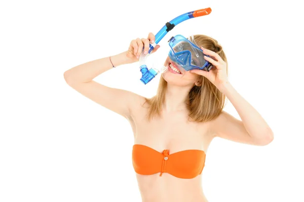 Młoda kobieta w bikini pomarańczowy gotowy do nurkowania Obraz Stockowy