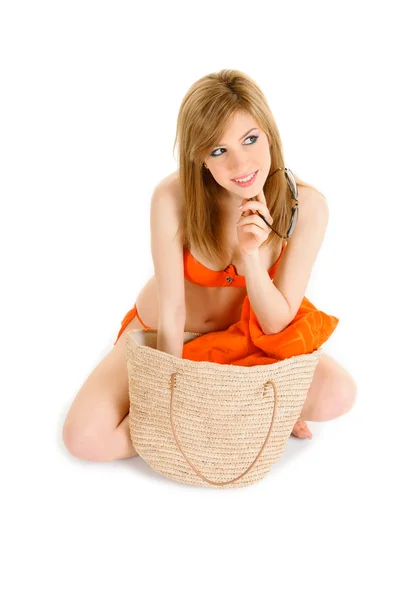 Młoda kobieta w bikini pomarańczowy Obraz Stockowy